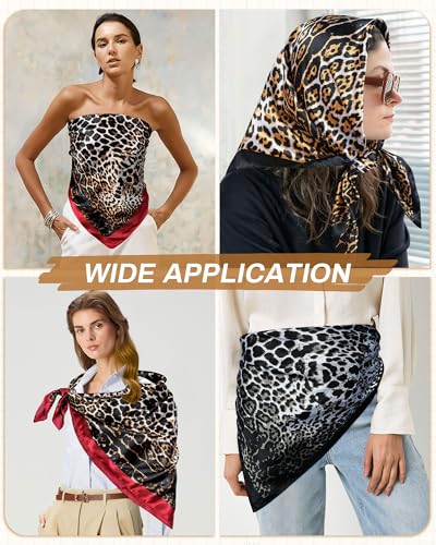 Mesovor 35” Square Head Scarf for Women, 3 Pack Like Silk Satin Headscarf Hair Neck Scarf Top Bandanas for Sleeping - color: Leopard(red/Black/Gold)