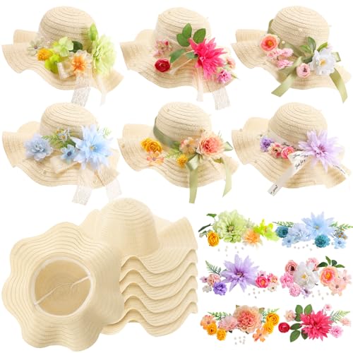 6 Sets DIY Tea Party Straw Hats Kit DIY Straw Hat for Women Blank Sun Hats - style: Vivid Flower