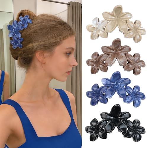 4Pcs Cute Hawaiian Flower Claw Hair Clips for Women Black Plumeria Large Claw Clips for Thick Thin Hair Dark Blue Beach Hair Accessories for Women and Girls - color: 04-Colorful