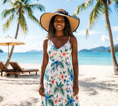 DRESHOW Beach Hats for Women Big Straw Wide Brim Summer Hat Floppy Foldable Roll up Cap Sun Hat UPF 50+ - color: 1 Pc：black Edge Khaki+white Dot Hat, 4.7" Brim