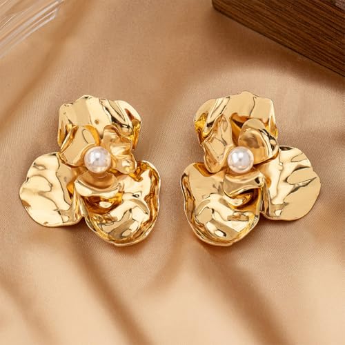 Chunky Large Gold Flower Stud Earring for Women Statement, Boho Big Red Irregular Floral Pearl Earrings Trendy Y2K Prom Party Jewelry Accessories Gift - color: Gold