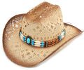 Straw Cowboy Hat, Western Cowgirl Hat, Wide Brim Sun Beach Hat for Men and Women - color: Khaki-m29