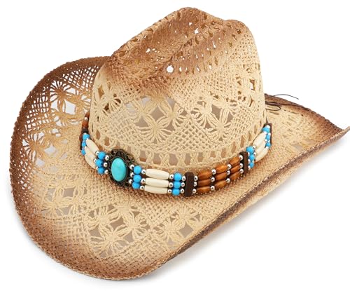 Straw Cowboy Hat, Western Cowgirl Hat, Wide Brim Sun Beach Hat for Men and Women - color: Khaki-m29