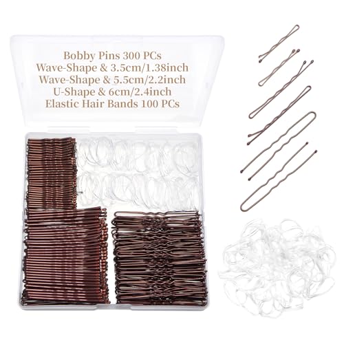 QIUTIMIY 300 Pcs Brown Wave-Shaped, U-Shaped Bobby Pins and 100 Pcs Elastic Hair Bands Mix Metal Hair Pins Hair Accessories for Women Stylists Hair Sticks Girl - color: Brown, size: WU-Multi2