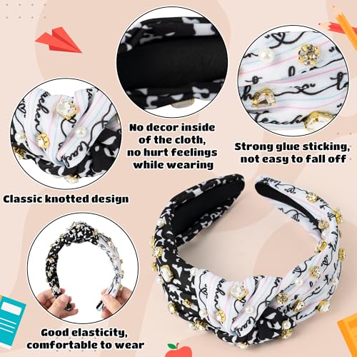 PANTIDE Teacher Jeweled Knotted Headband - Back to School Composition Notebook Rhinestone Pearl Embellished Headband Top Knot Hair Accessories Teacher Appreciation Gift For Women Girls (Black White) - color: Black White Teacher
