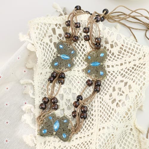 Women Braided Waist Belt Boho Woven Belt with Wooden Beads and Ring Clasp Vintage Long Tassel Rope Tie Belt for Dress - color: Brown 4