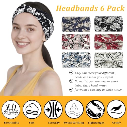 6 Pack Boho Style Women's Headbands, Non slip Fashion Wide Elastic hairband, Daily Sports Yoga Workout Women's Hair Bands,Floral Print,Red and Black - color: Type 5