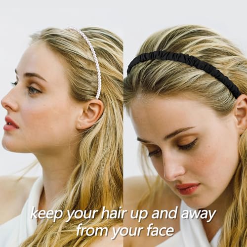 VELSCRUN Headbands for Women 7 Pcs Different Black Fashion Knotted Solid Head Bands Pearl Headband Non Slip Hair Band for Womens Gilrs Thin Thick Short Hair Face Wash Hair Accessories - color: Midnight Black