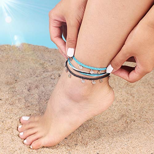 FANCY SHINY String Ankle Bracelets Waterproof Rope Anklets Braided Beach Boho Coin Anklets Cute Friendship Foot Jewelry for Women - style: Black Blue Disc