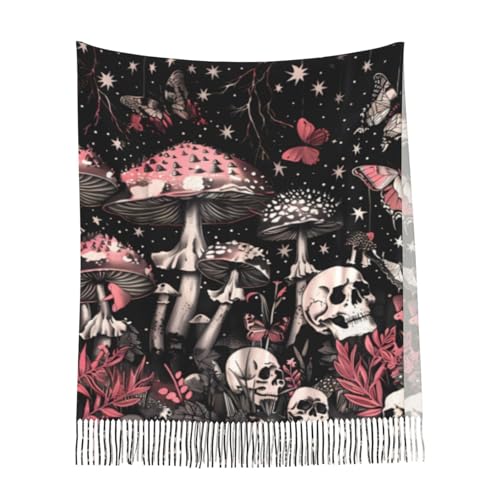 Skull Mushroom Hippie Scarf for Women– Winter Shawl with Tassels, Cozy Wrap for Women’s Festival & Casual Wear - color: Skull Hippie Mushroom