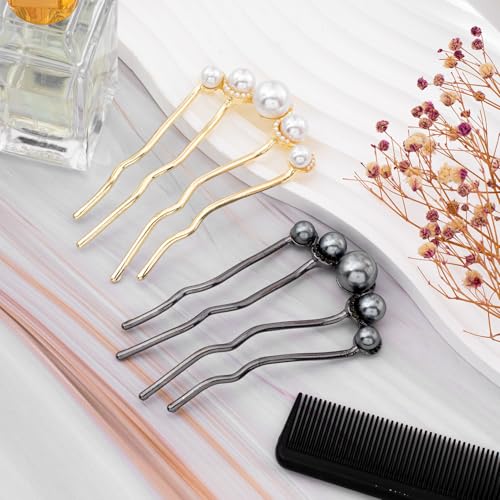 2 Pcs Pearl Hair Pins U Shaped, Elegant Vintage French Pearl Hair Comb, French Twist Hair Pin for Brides, Bridesmaid, Party, Daily, Holiday (Gold, Gun Black) - color: Gold, Gun-Black