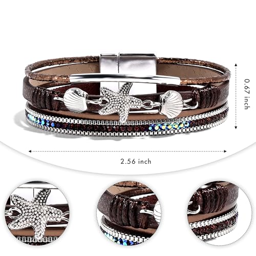 VIBILIA Boho Leather Wrap Bracelets for Women Multi-Layer Bracelets with Strong Clasp Jewelry for Women - color: 04-ShellStarfish-Coffee