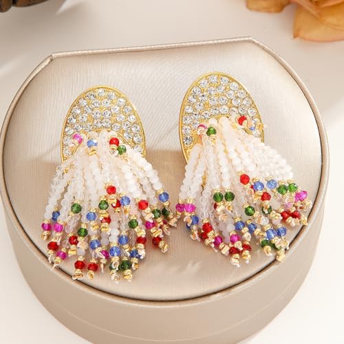 Crystal Beaded Tassel Drop Earrings, Rhinestone Gold Tone, Bohemian Dangle Statement Jewelry for Women