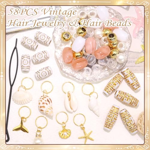 NAISKA 58PCS Seashell Hair Jewelry for Braids Gold Starfish Loc Charms Vintage Hair Beads Dreadlock Long Tube Beads for Hair Pearl Braid Pendent 15 Styles Braids Accessories for Women Girls - color: Pink&White&Gold
