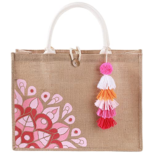 itgowisa Jute Beach Bag for Women, Burlap Beach Tote Bag with Tassel Pocket, Summer Gift for Vacation, Pool, Cruise & Grocery | Jute material - color: Pink Tassel