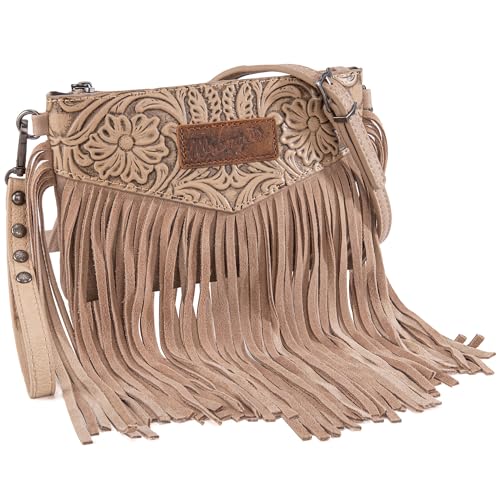 Wrangler Crossbody Small Purse for Women Wristlet Fringe Bag Western Purse - color: Angel Khaki