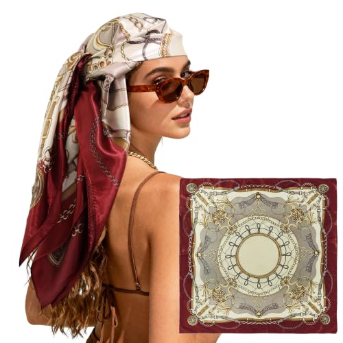 Large Square Head Scarf Bandana - 35" Satin Hair Scarf for Women Like Silk Scarf Fashion Hair Wrapping - color: Rope Crest(burgundy), size: 35IN*35IN