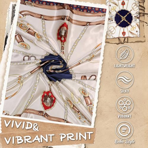 Large Square Head Scarf Bandana - 35" Satin Hair Scarf for Women Like Silk Scarf Fashion Hair Wrapping - color: Equestrian Chain(blue), size: 35IN*35IN