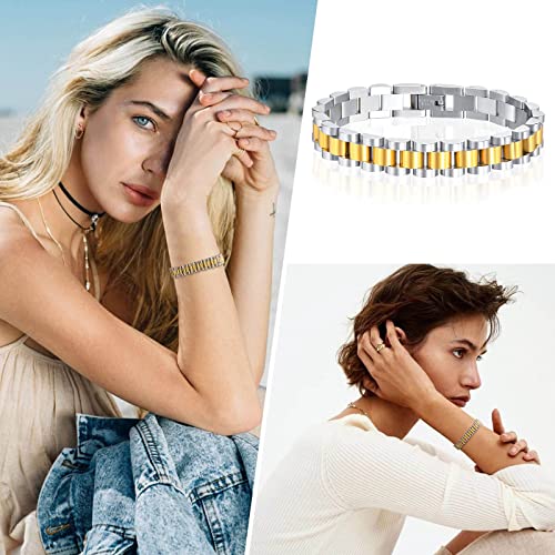 MPRAINBOW 2pcs 18K Gold Plated Chain Link Bracelet, Stainless Steel Crystal Friendship Bracelets Bangle,Watch Band Chains Wristband Jewelry with Adjust Tool - color: Gold&Silver-18cm
