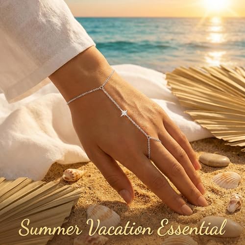 925 Sterling Silver Hand Chain Bracelet for Women,Non Tarnish 14k Gold Plated CZ Crystal Heart Starburst Ring Bracelets Hand Chain Dainty Diamond Layered Stackable Link Chain Beach Waterproof Graduation Wedding Gifts - color: SilverA