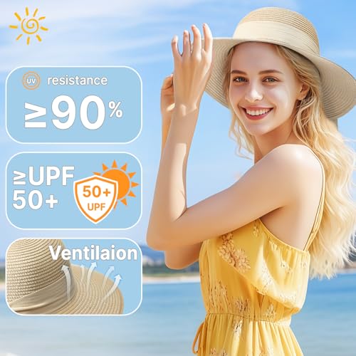 Beach Hats for Women, Sun Straw Hat for Women, UPF 50+ UV Sun Protection Sun Hat Womens, Foldable Floppy Sun Hat - color: Khaki+beige Ribbon