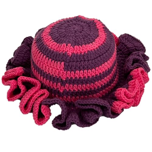 Handmade Crochet Bucket Hat for Women Boho Chic Slouchy Design Colorblock Ruffled Brim Festival&Daily Crochet Hat - color: Purple Rose Red Stripe