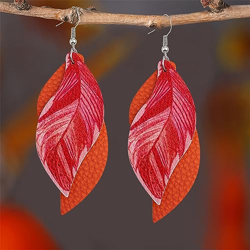 ANXIN boho unique Leather Earrings 2 Layered Lightweight Faux Leather Leaf Earrings Layered Design Drop Earrings Gift for Women - color: Orange Faux Leather Leaf Earrings