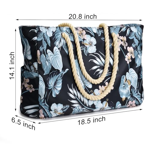 Becokan Beach Bag Large Beach Tote Bag for Women Waterproof Sandproof Swim Pool Bag With Zipper - color: Black Flower