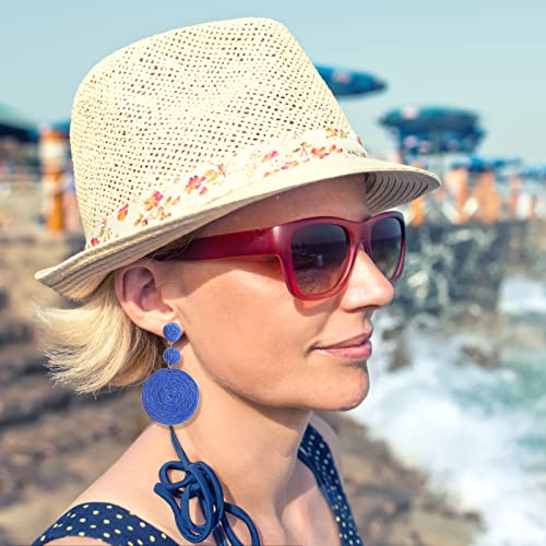 Boho Raffia Ball Earrings for Women, Handmade Statement Drop Earrings Straw Dangle Earrings Beach Vacation Jewelry - color: Royal blue