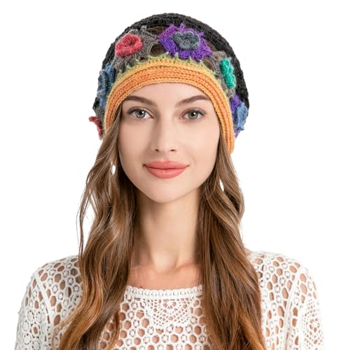 ZLYC Women Cotton Crochet Slouchy Beanie Hat Handmade Knit Summer Skull Cap - color: Colorful Flower Black