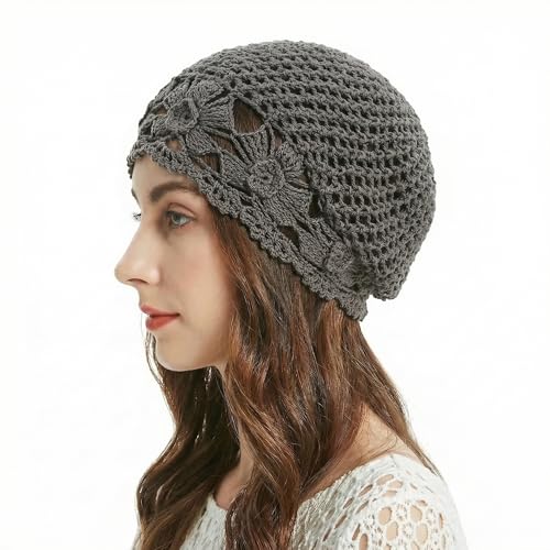 ZLYC Women Cotton Crochet Slouchy Beanie Hat Handmade Knit Summer Skull Cap - color: Flowers Grey