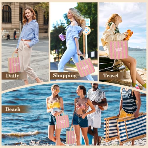Straw Beach Bag for Women Summer Woven Tote Bag Packable Straw Purses and Handbags for Vacation Holiday - color: M-pink
