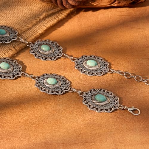 XZQTIVE Women Boho Chain Belts For Dresses Jeans Western Cowgirl Waist Links Belt Adjustable Metal Concho Belt - color: Green Turquoise Silver, size: Fit Waist up to 35 In