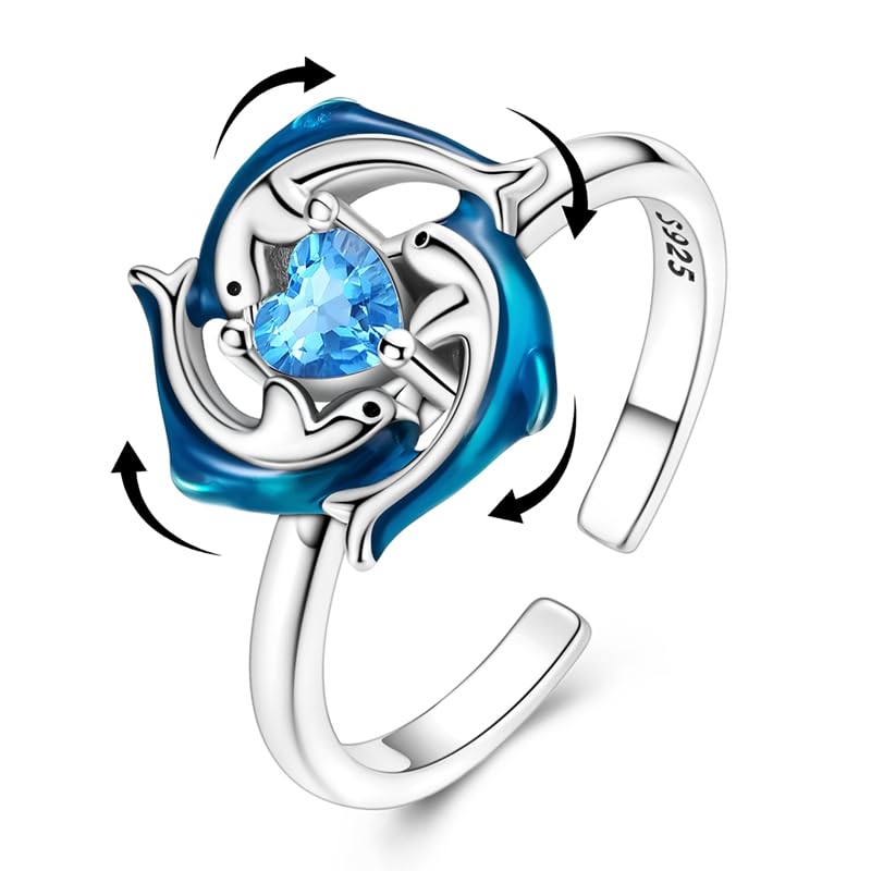 PARCOM Adjustable Women Stackable Ring, 925 Sterling Silver Open Rings - Trendy Eternity Cubic Zirconia Stackable Band Engagement Promise Ring for Her, Hypoallergenic Non Tarnish Nature Bird Floral Thumb Rings - color: Ocean Dolphin