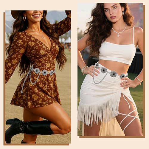 XZQTIVE Women Boho Chain Belts For Dresses Jeans Western Cowgirl Waist Links Belt Adjustable Metal Concho Belt - color: Black Turquoise Silver, size: Fit Waist up to 35 In
