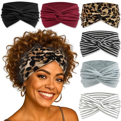 6 Pack Boho Headbands for Women Wide Twist Knotted Head Wraps Turban Stretchy Leopard Hair Bands Elastic Non-Slip Workout Head Wraps Accessories - color: Multicolor-1