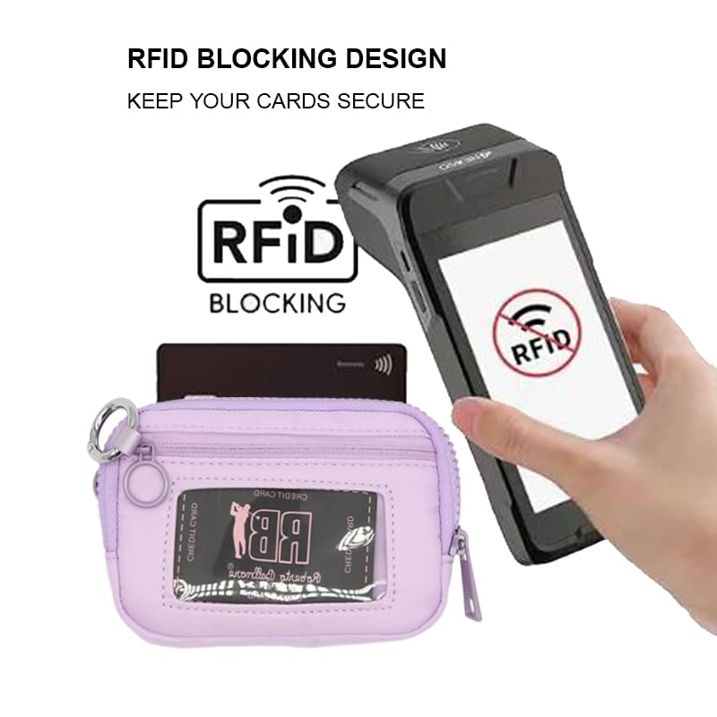 Wristlet Wallet for Women Mini Zip Card Case with Clear ID Window Zipper Coin Purse Lightweight Portable Keychain Wallet - color: Purple