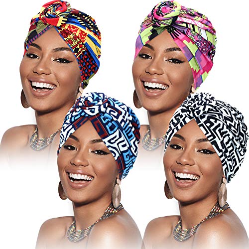 SATINIOR 4 Pieces African Pattern Headwrap Pre-Tied Bonnet Turban Knot Beanie Cap Headwrap Hat - style: Strips Geometry Style