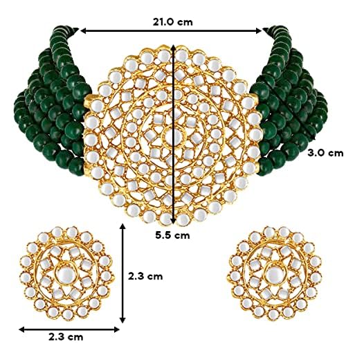 Aheli Pearl Diamond Choker Necklace & Round Earrings Gift for Women Indian Traditional Bollywood Fashion Bharatanatyam jewellery set - color: Green 3