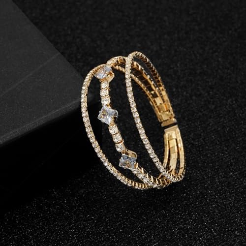 Women's Multi-Layer Rhinestone Cuff Bracelet Sparkling Crystal Tennis Bangle for Bridal Wedding Party - color: 1146 Gold