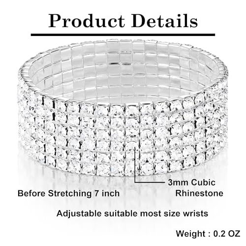 Zealmer Sparkle Multicolor Rhinestone Stackable Stretch Bracelets for Women - color: 6 Row Silver Bracelet