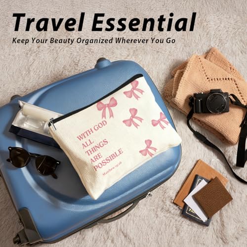 Coquette Pink Bow Christian Makeup Bag, With God All Things Are Possible Cosmetic Bags for Women, Christian Bible Verse Gifts for Women, Preppy Aesthetic Zipper Makeup Pouch - color: 01-With God All Things Are Possible