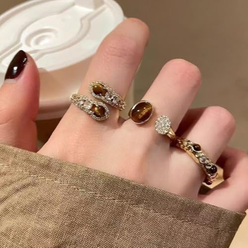 3Pcs Tiger Eye Stone Rings Set,Vintage Tiger Eye Stone Knuckle Rings,Sparkling Rhinestone Adjustable Rings Brown Jewelry