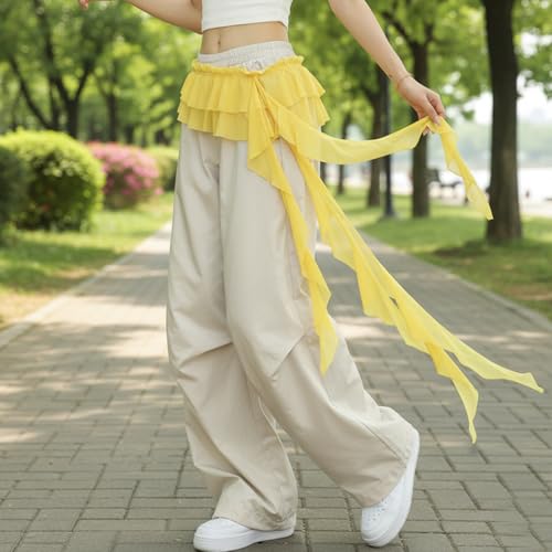 Women Y2K Lace Fringe Hip Scarf Boho Triangle Tassel Waist Cover Up Skirt Wrap Sheer Tie Belt Aesthetic Streetwear - color: B Yellow