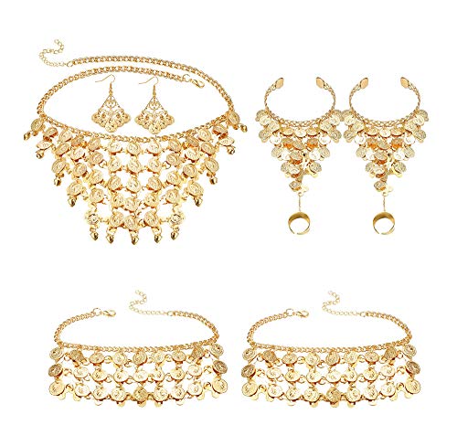 ORAZIO Belly Dance Jewelry Set For Women Boho Vintage Coins Necklace and Earrings Bracelets Anklet Halloween Dance Play Accessories With Indian style