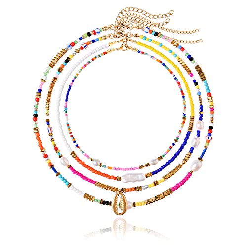 Wellike Freshwater Pearl Beaded Necklace for Women Handmade Boho Colorful Glass Beads Choker Necklace Stainless Steel 18K Gold Plated Bohemian Women Summer Jewelry Gifts - color: KKWX919AMZ