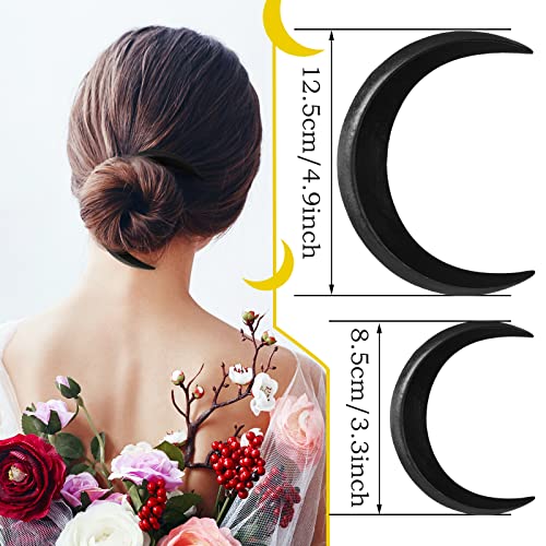 2 Pcs Hand Carved Crescent Moon Hair Fork for Women Moon Hair Stick Wooden Moon Hair Clip Crescent Moon Hairpin Wood Moon Hair Accessories Hair Styling Pins Moon Barrettes, 2 Sizes (Black) - color: Black