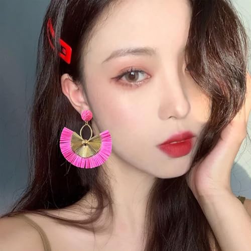 Anmpab Straw Fan Bohemian Tassel Earrings for Women Trendy Colorful Fringe Summer Beach Statement Earrings - color: Hot Pink