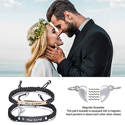 MEALGUET Personalized Couple Bracelet Customized Couple Bracelets Set Mutual Attraction Custom Name Relationship Bracelet Personalized Gift for Men Women - style: Her King/ His Queen-heart magnetic
