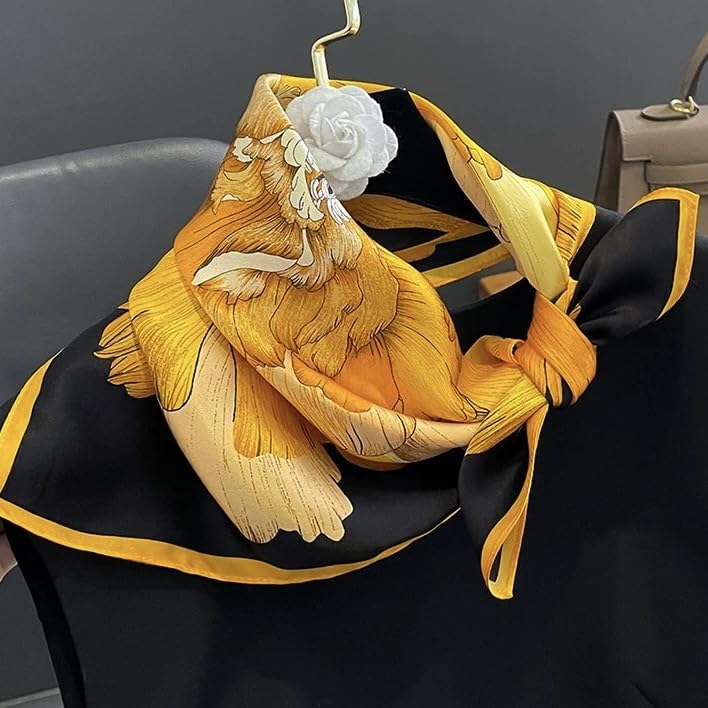 FEIBOON Mulberry Silk Scarfs Neck Scarf 21" Small Square Scarfs hair scarf bandana Neckerchief Headscarf for Women - color: Black and Orange Flowers